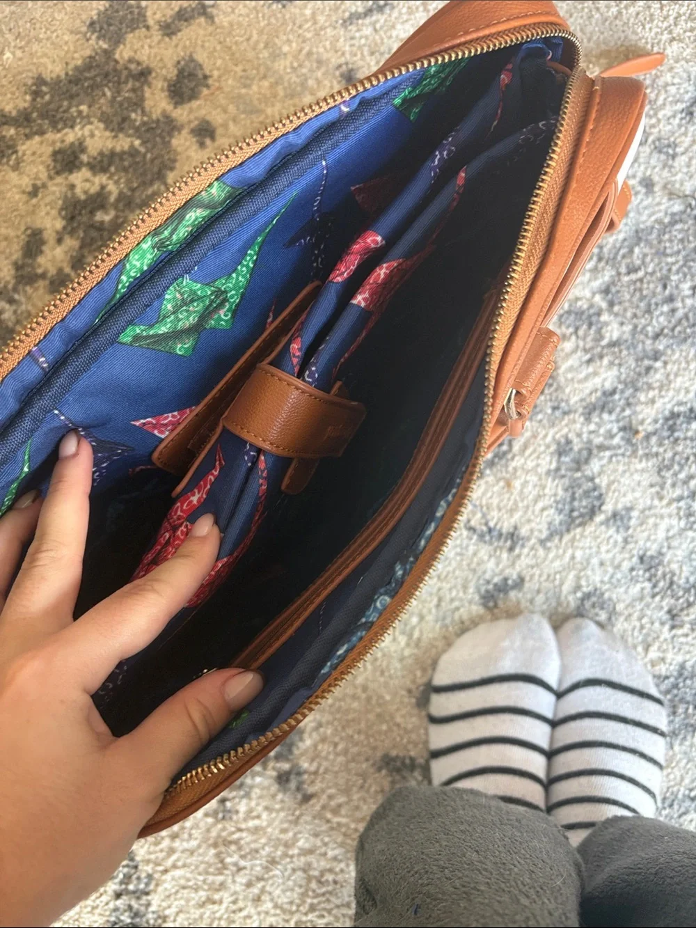 Desigual White Laptop Bag with Multicolor Brushstroke Design and Brown Trim